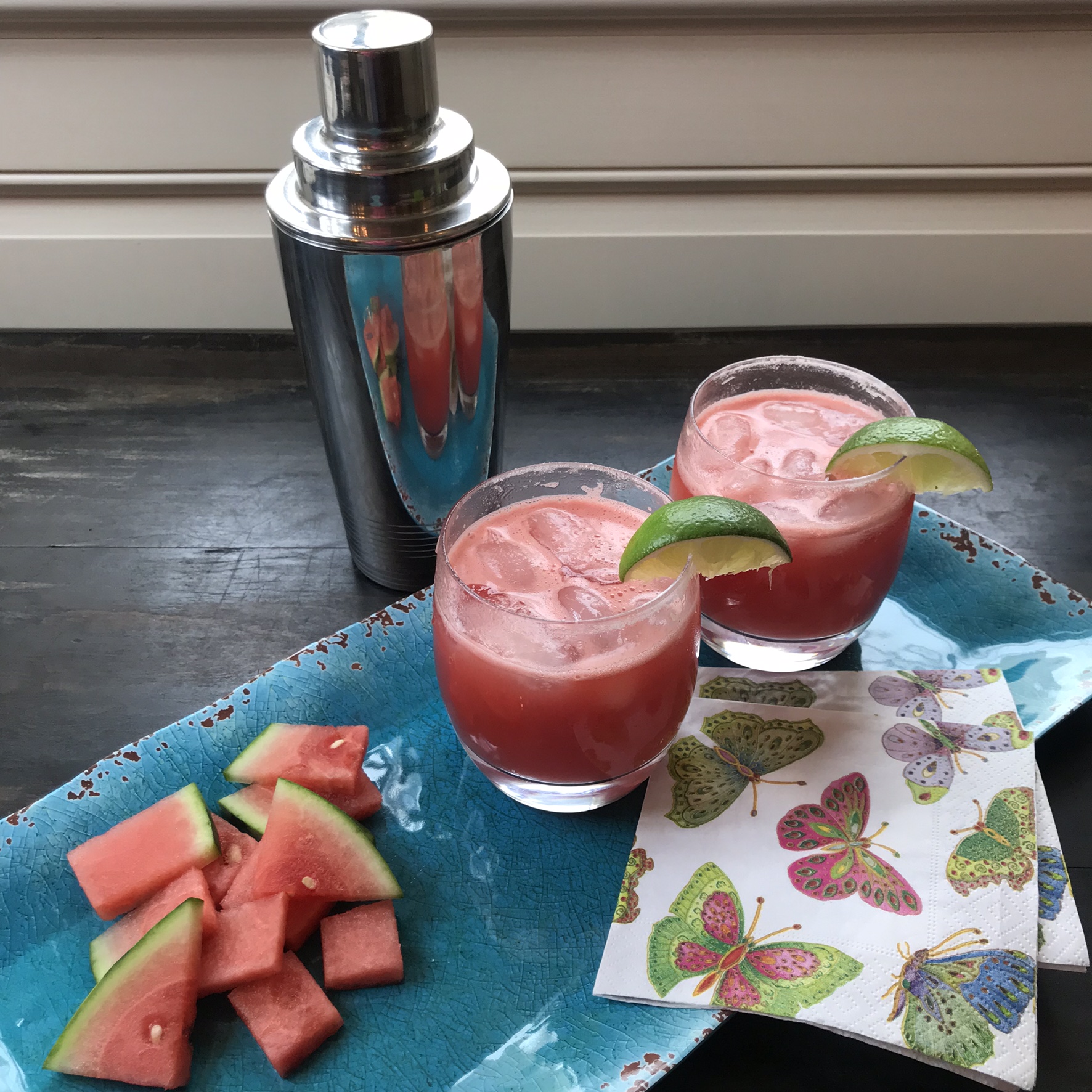 Fresh Watermelon Margaritas with Shaker and Watermelon Chunks_Pamela Morgan